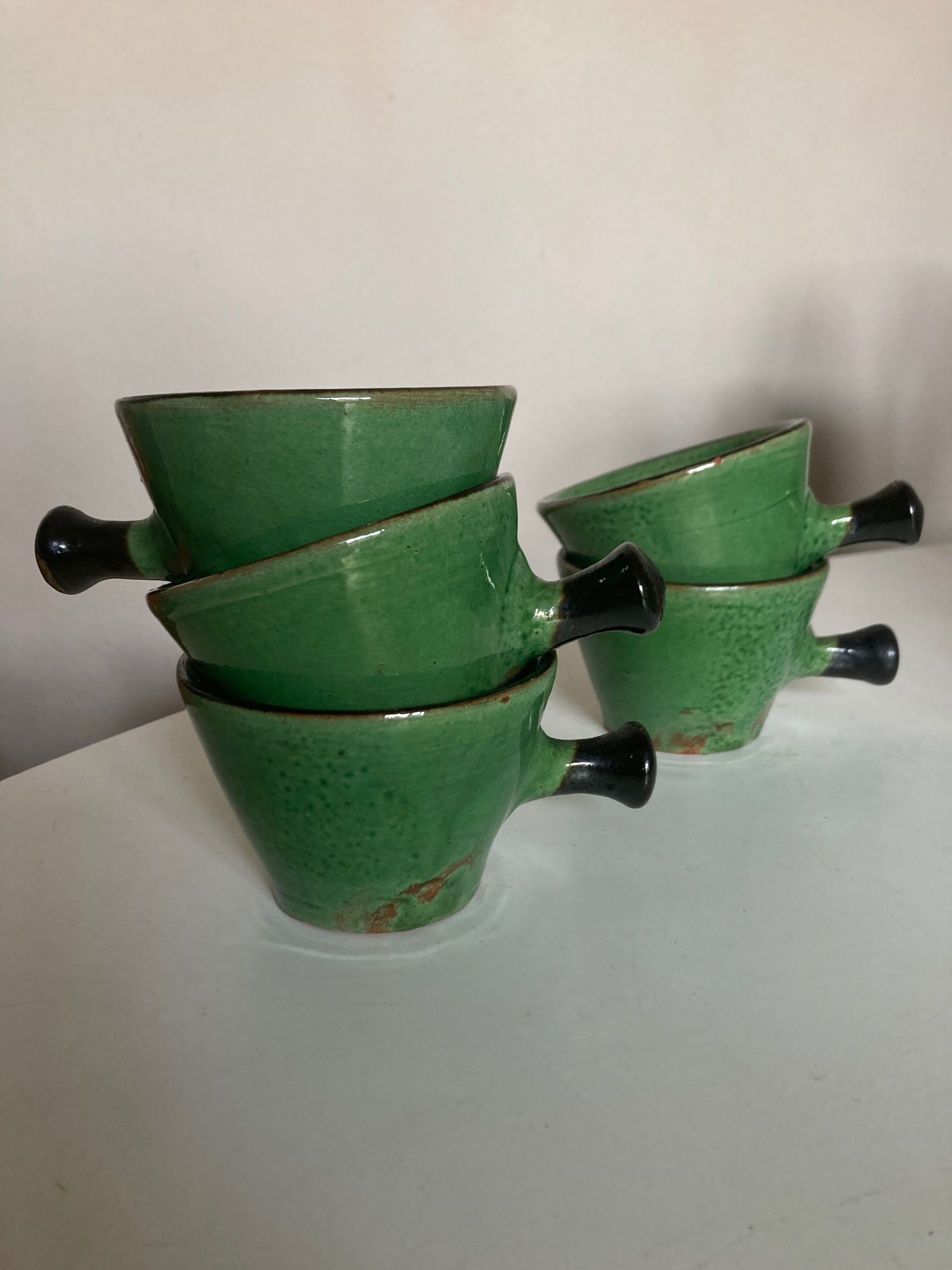 Set of 5 cups in green glazed clay Dieulefit 1960