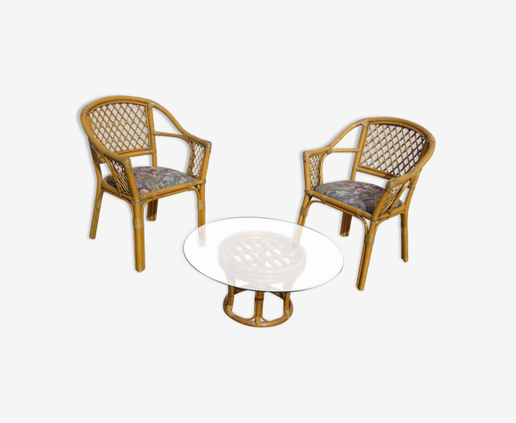 2 fauteuils en rotin, des années 80's, avec table basse upcycling