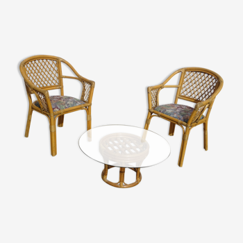 2 rattan armchairs, from the 80's, with upcycling coffee table