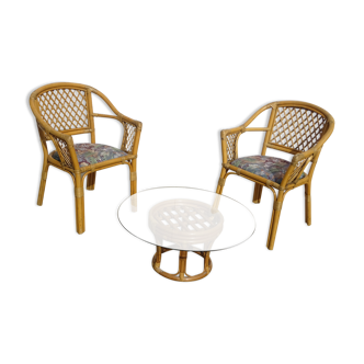 2 rattan armchairs, from the 80's, with upcycling coffee table