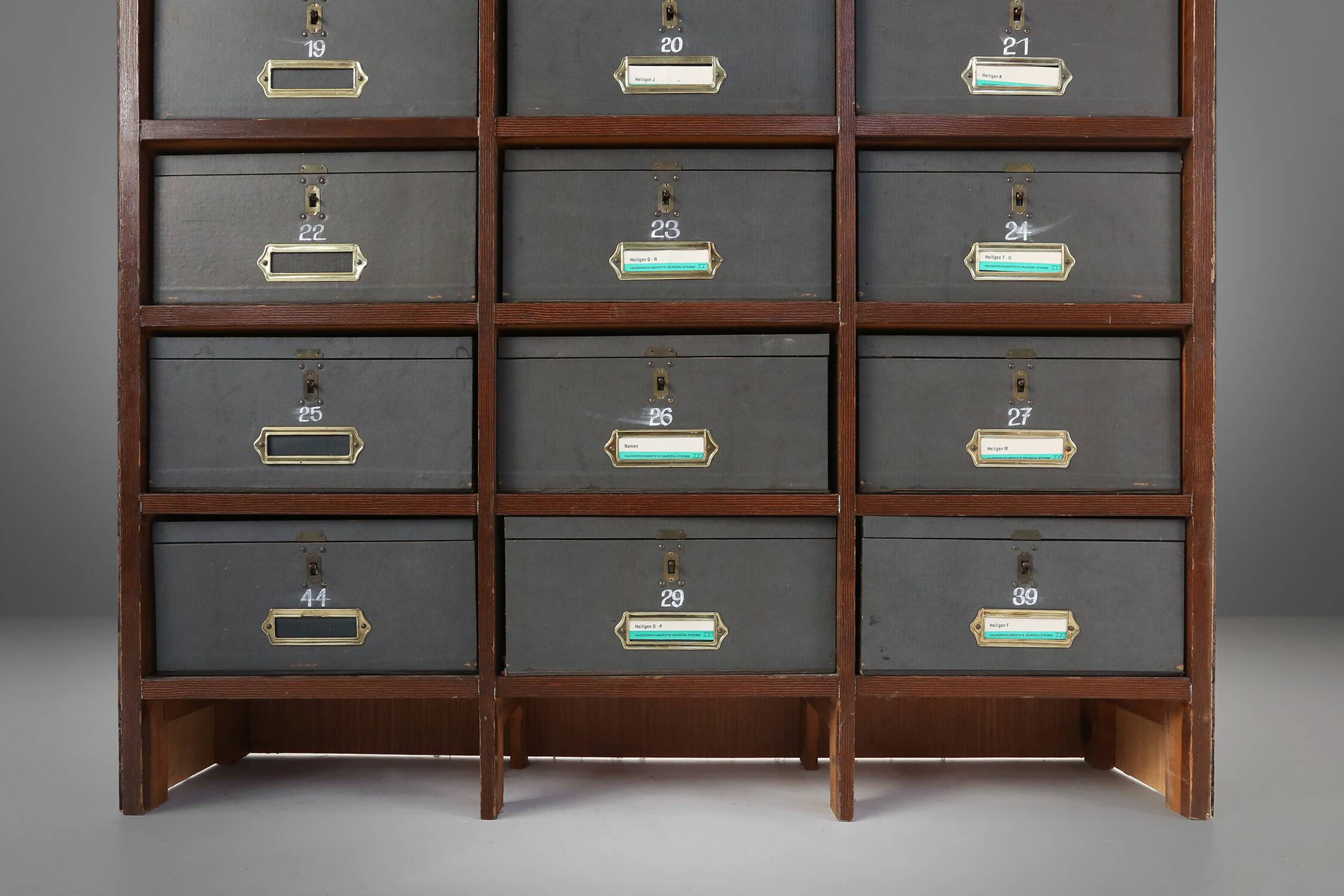 Industrial filing cabinet in wood with 30 original cardboard storage boxes, Belgium, 1920s