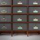 Industrial filing cabinet in wood with 30 original cardboard storage boxes, Belgium, 1920s