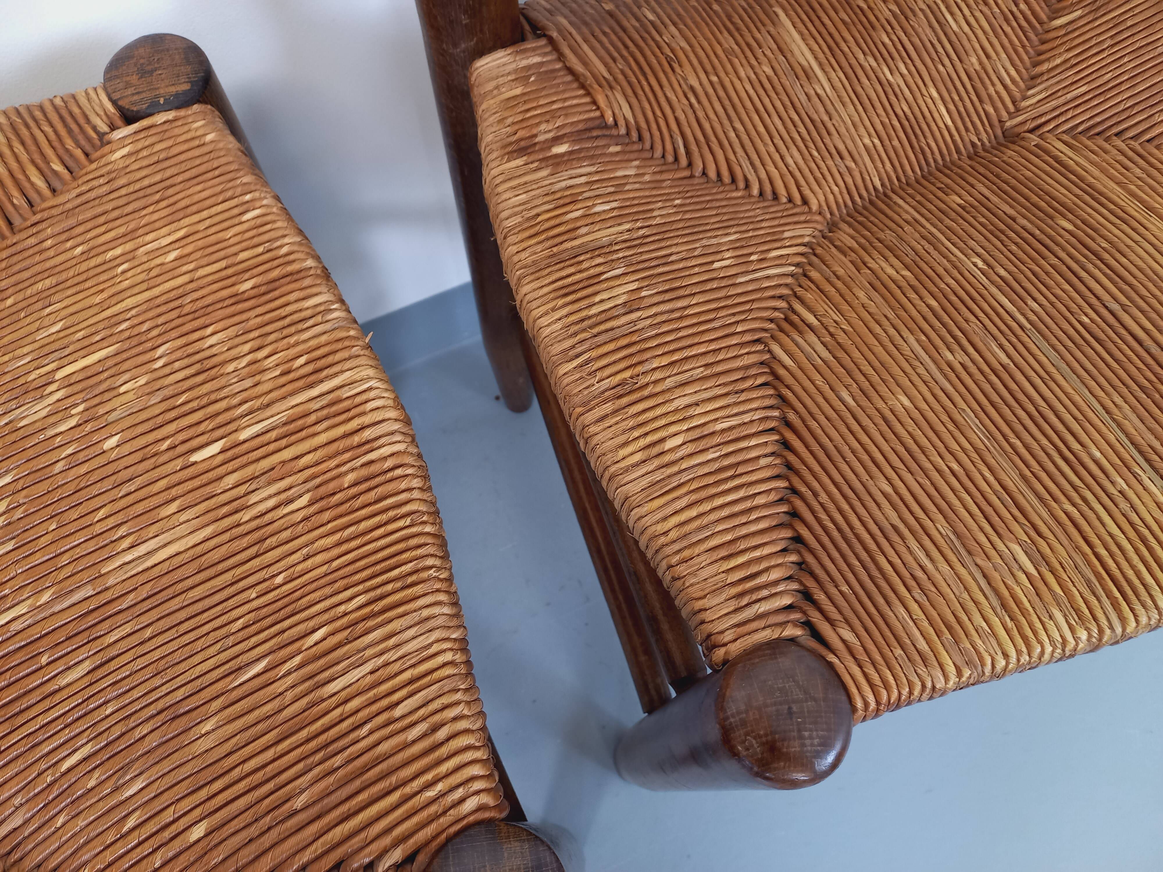Set of 4 vintage brutalist chairs in wood and straw from the 60s