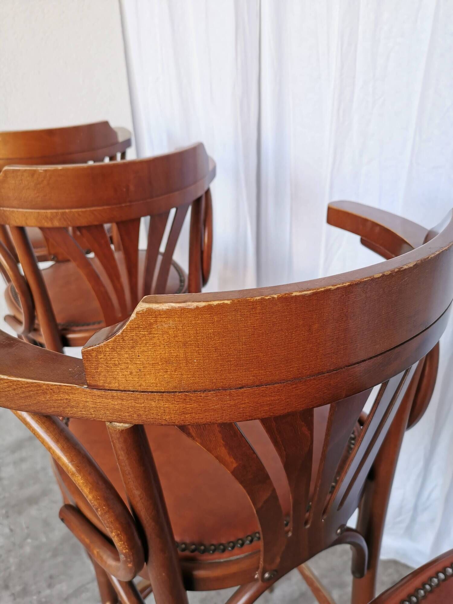 Set of 4 Vintage Bentwood Bar Stools, Brown Leather Seat, Nailhead Trim