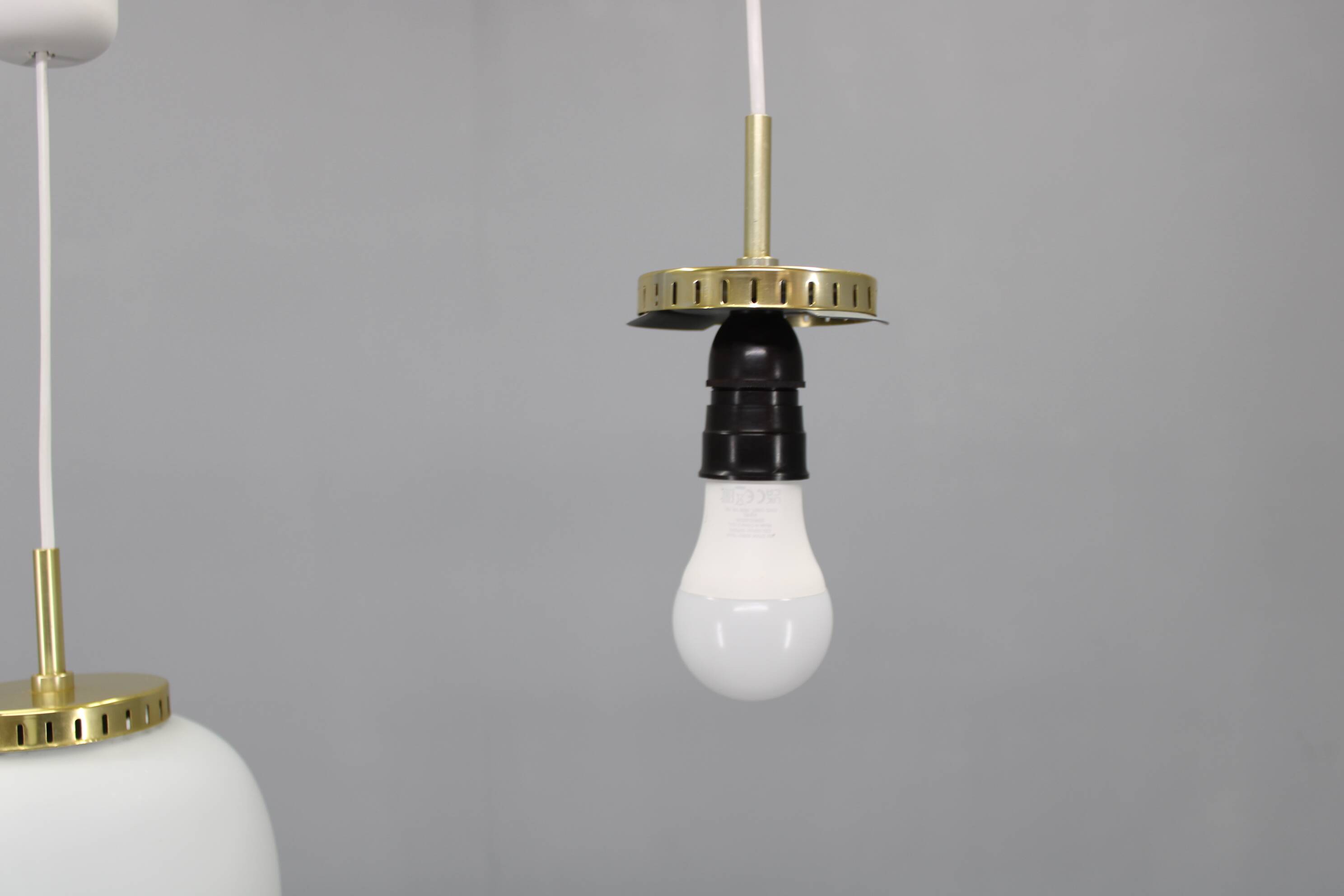 1970s Bent Karlby Pair of China Pendants of Opaline Glass and Brass by Lyfa