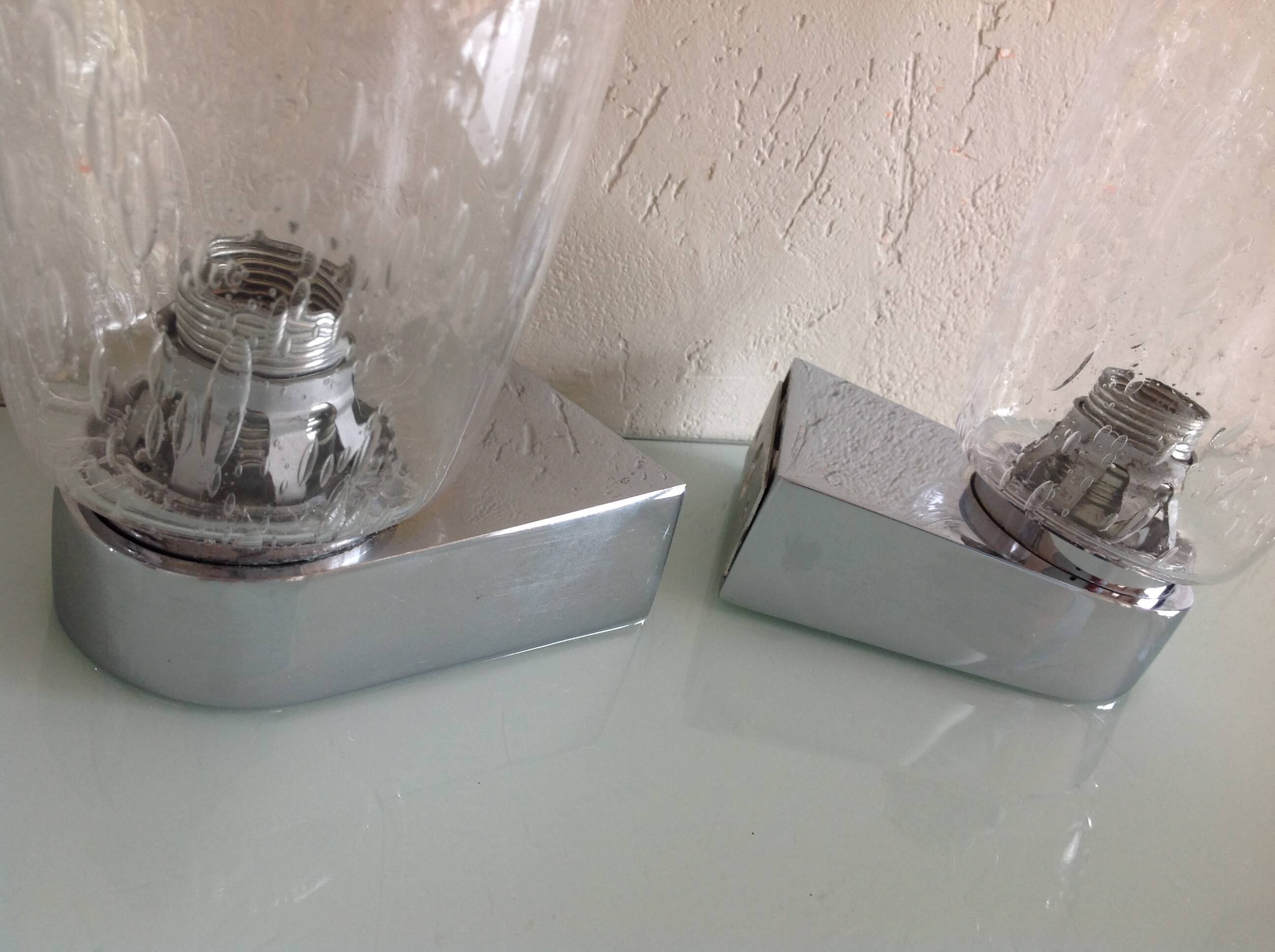 Pair of vintage 1970s-80s glass and chrome wall lights with teardrop shapes