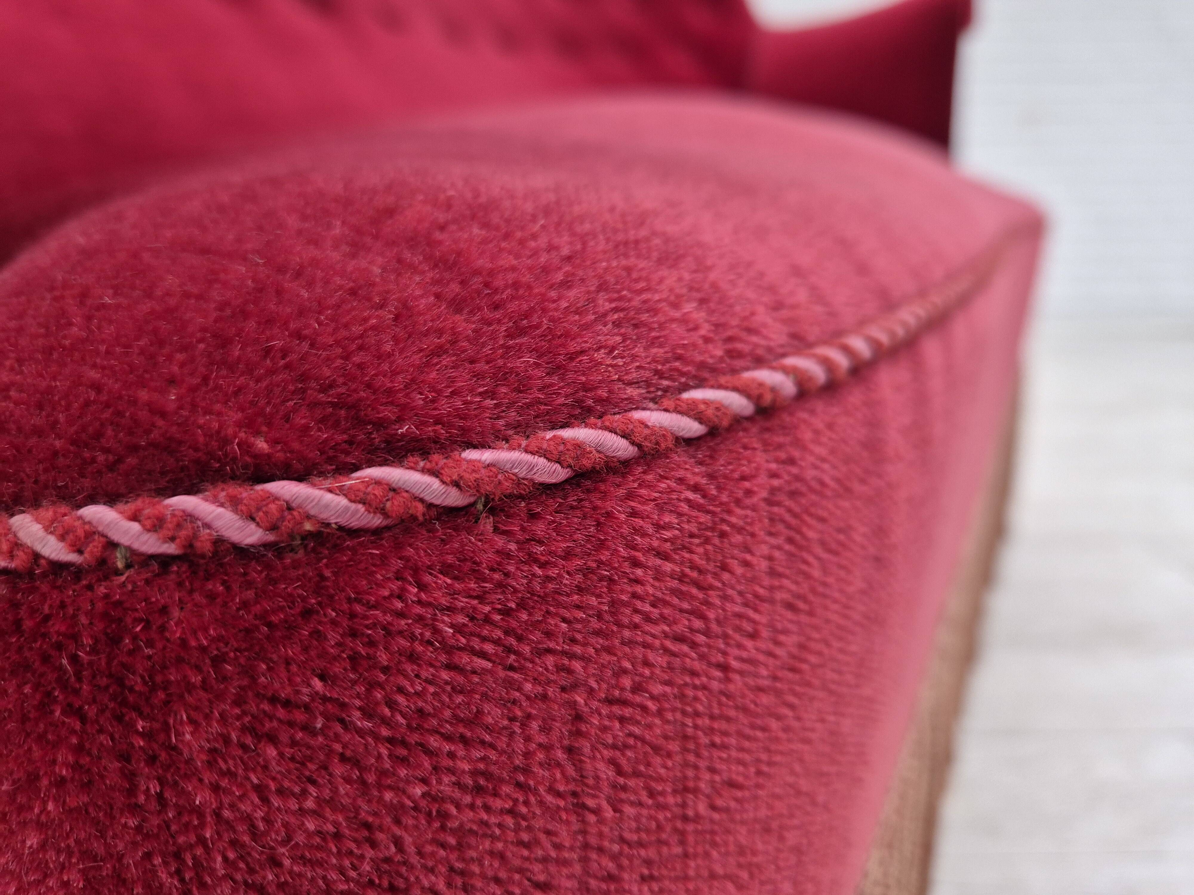 1950s, Danish 2-seater sofa, cherry-red furniture velour, ash wood.