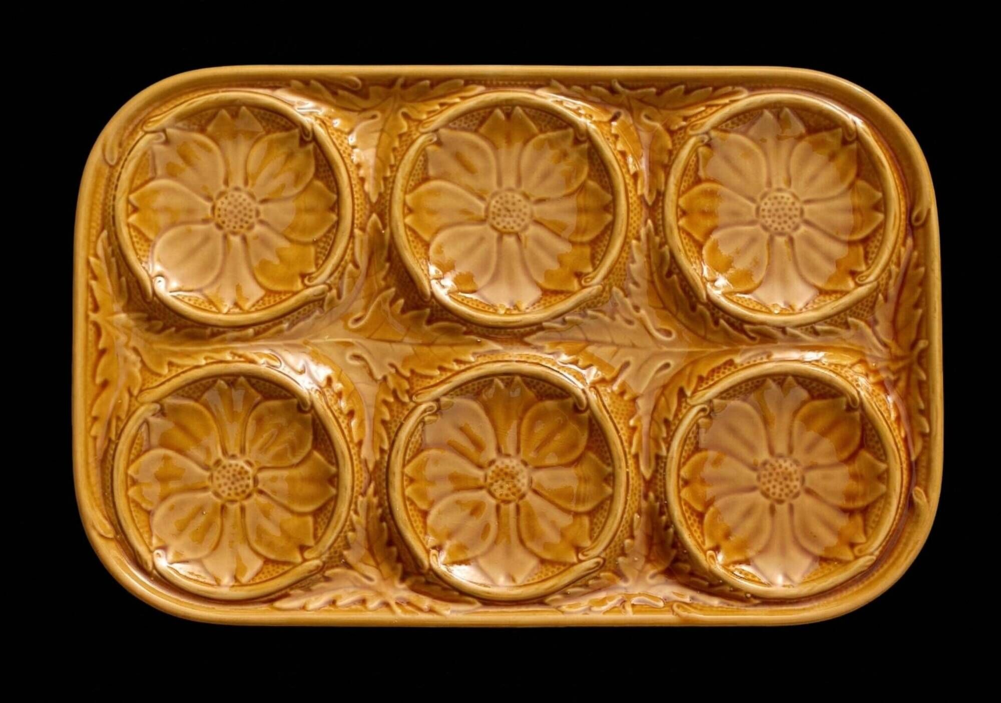 Vintage ochre earthenware artichoke dish, 6 compartments, relief flowers.