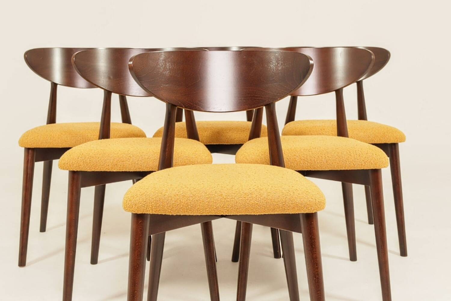 Ocra Dining Chairs set of 6, yellow bouclè fabric, Dark wood