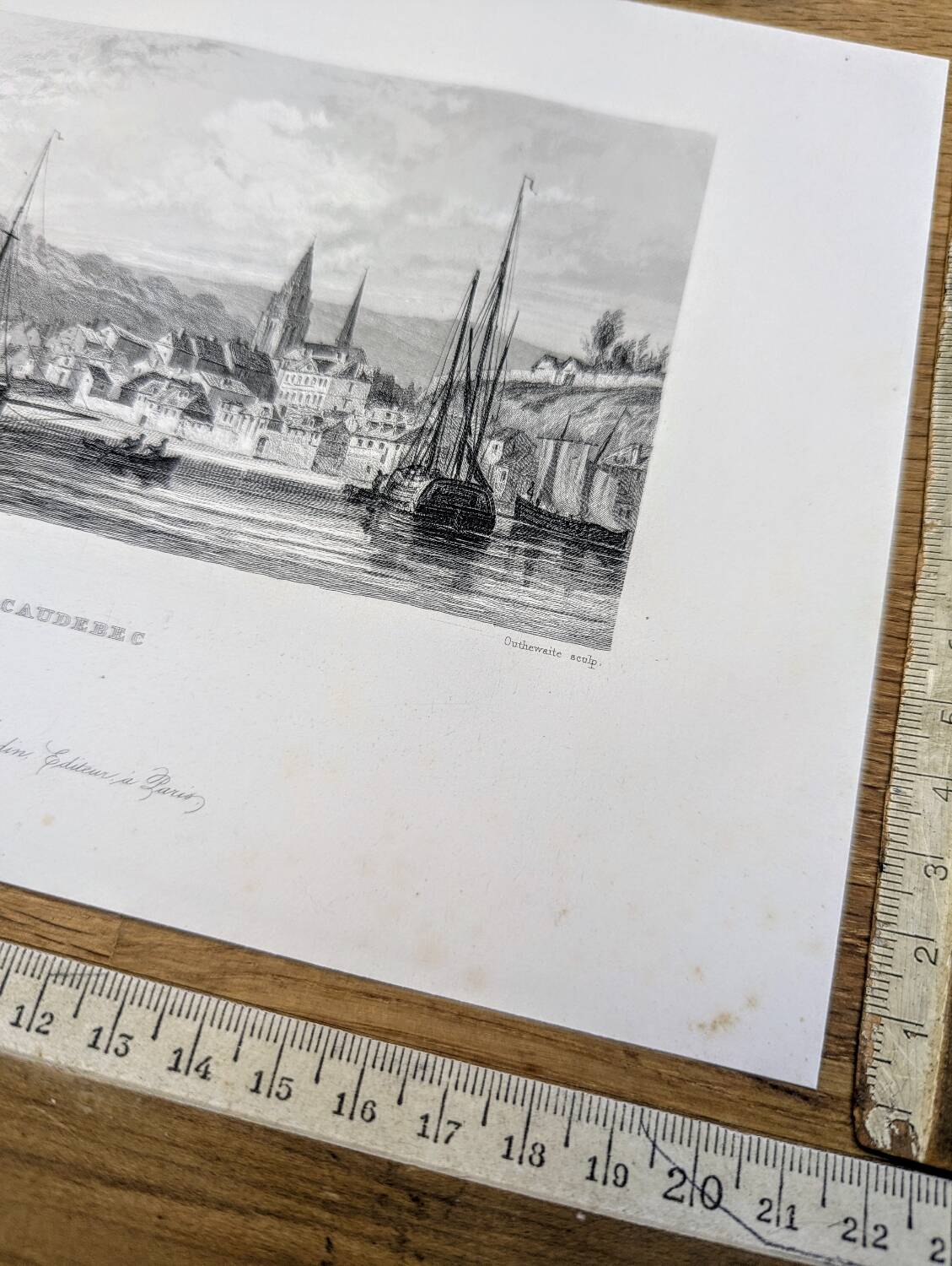 Vintage engraving of Caudebec, Normandy. Printed in 1844.