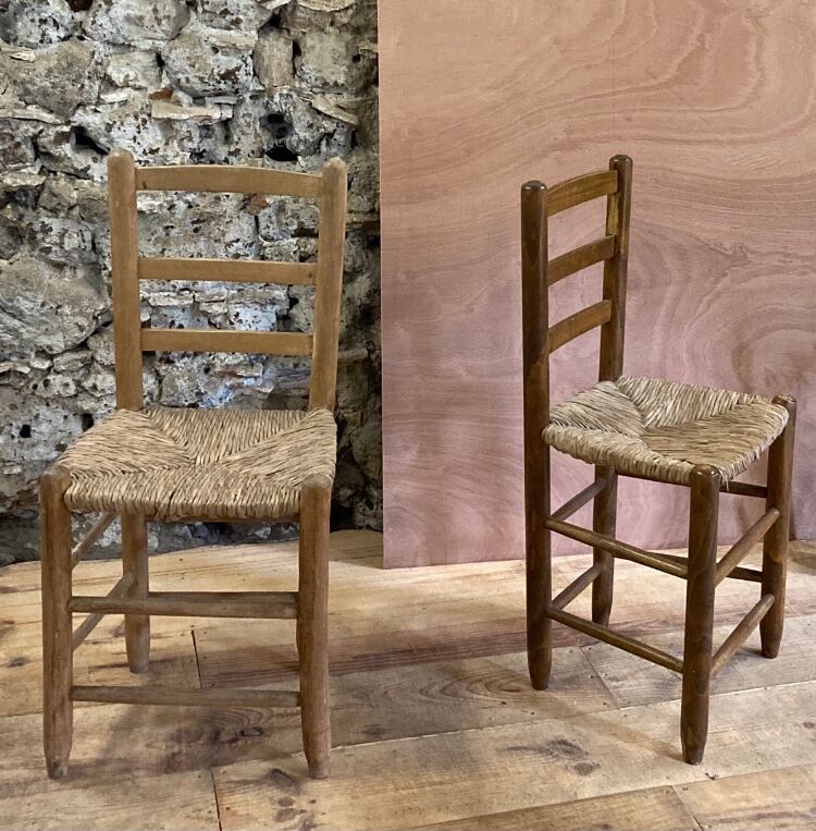 Pair of rustic-style vintage straw wood brutalist chairs