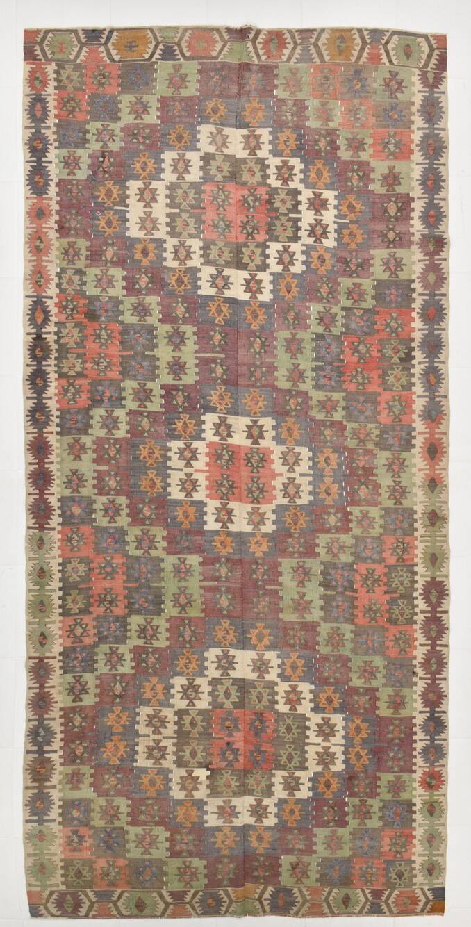 6x13 Rare Size Kilim Rug, Rugged Rug, 180x385Cm Antique Kilim Carpet