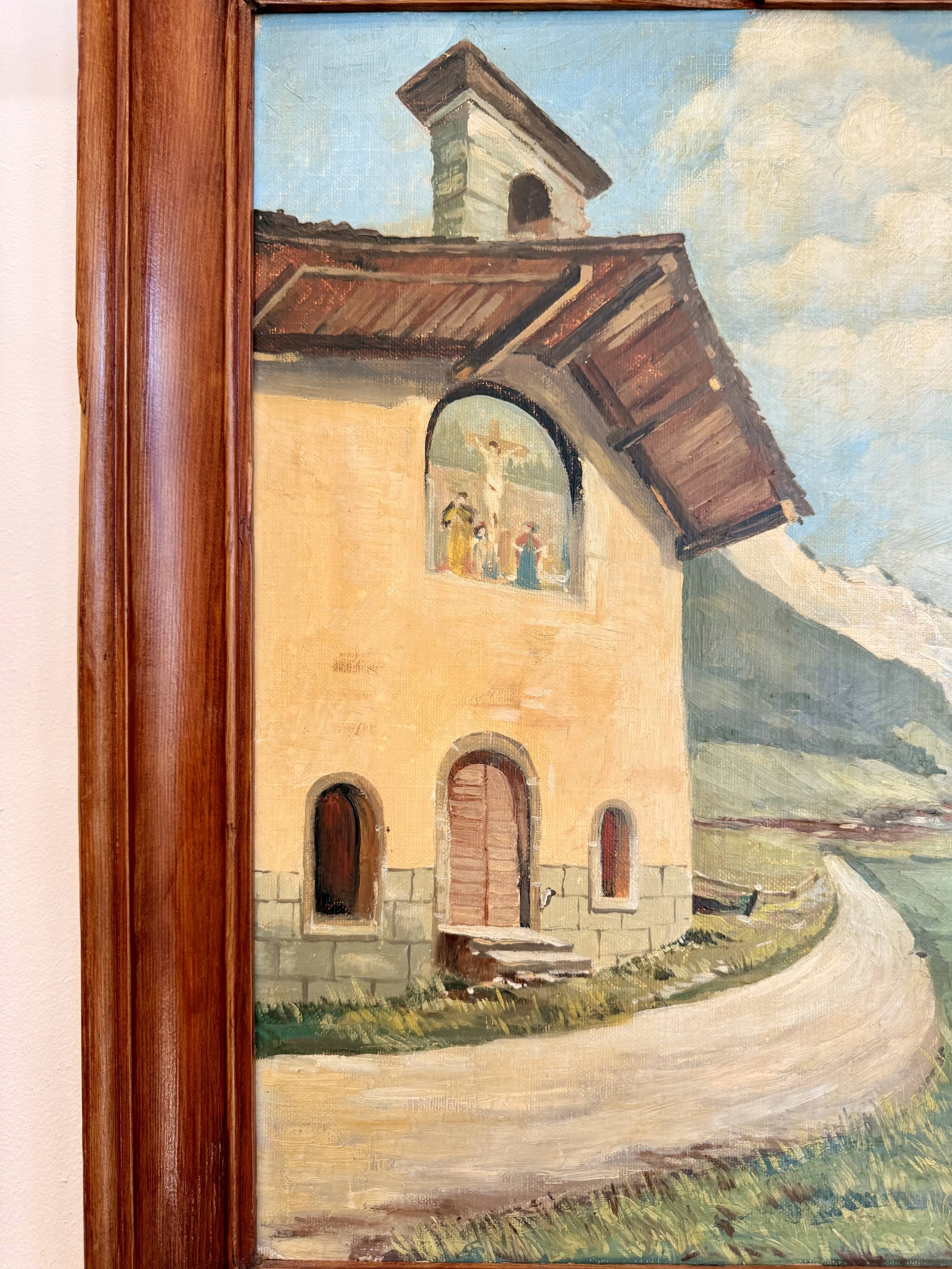 Ancienne huile sur panneau – Chapelle au bord d’un lac