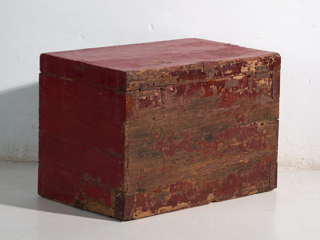 Antique chest painted vermilion red made of pine – China, circa 1900