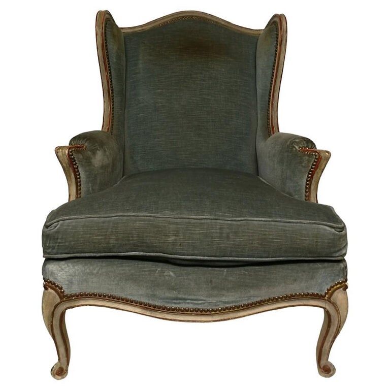 Armchair Louis XV " Shepherdess " Blue Velvet 19th century