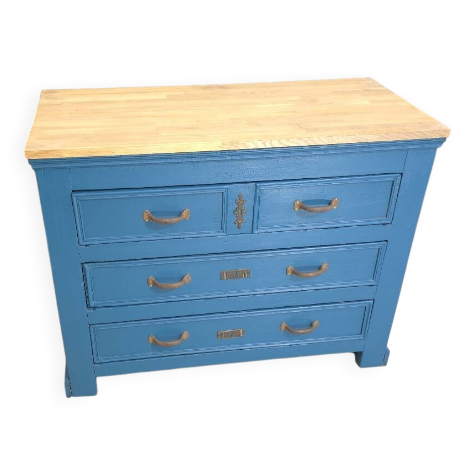 Commode ancienne bleue et dessus chêne