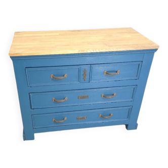 Antique blue chest of drawers with oak top