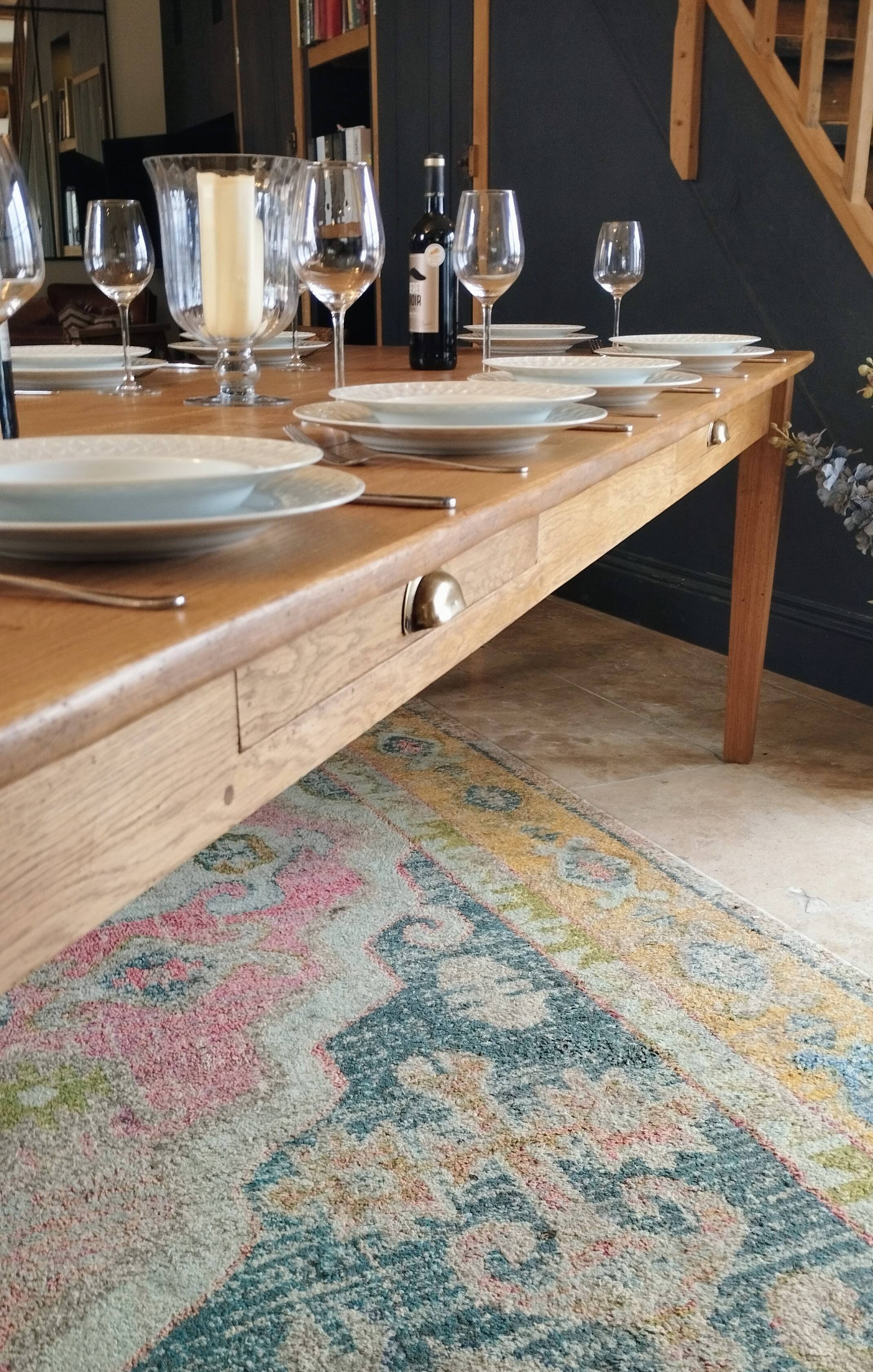 Solid oak farmhouse table, gilded and patinated, two drawers, 260 x 100 cm
