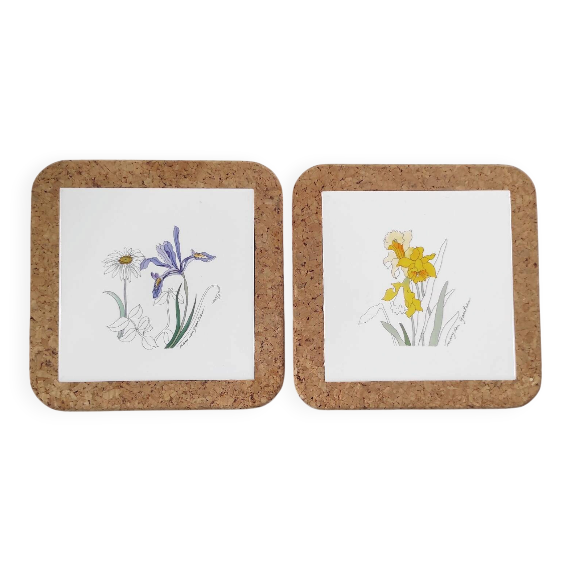 Pair of vintage botanical trivets in ceramic and cork – Yes