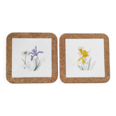 Pair of vintage botanical trivets in ceramic and cork – Yes
