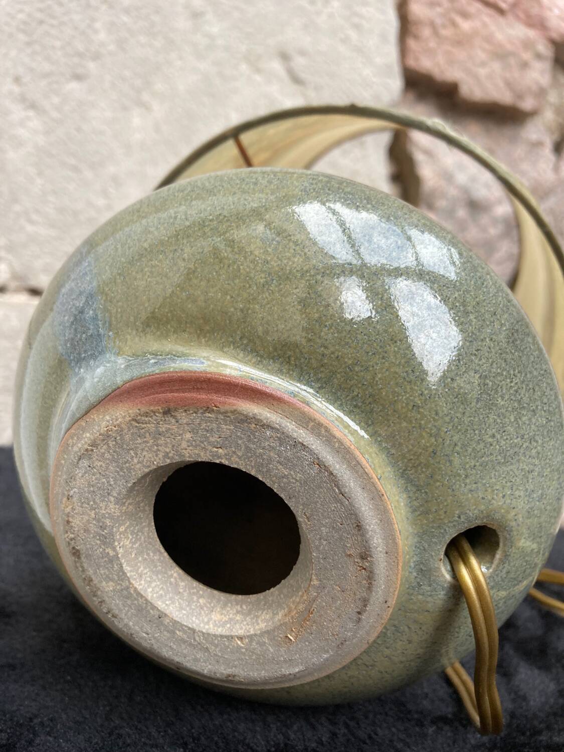 Vintage enamelled stoneware lamp with silk lampshade