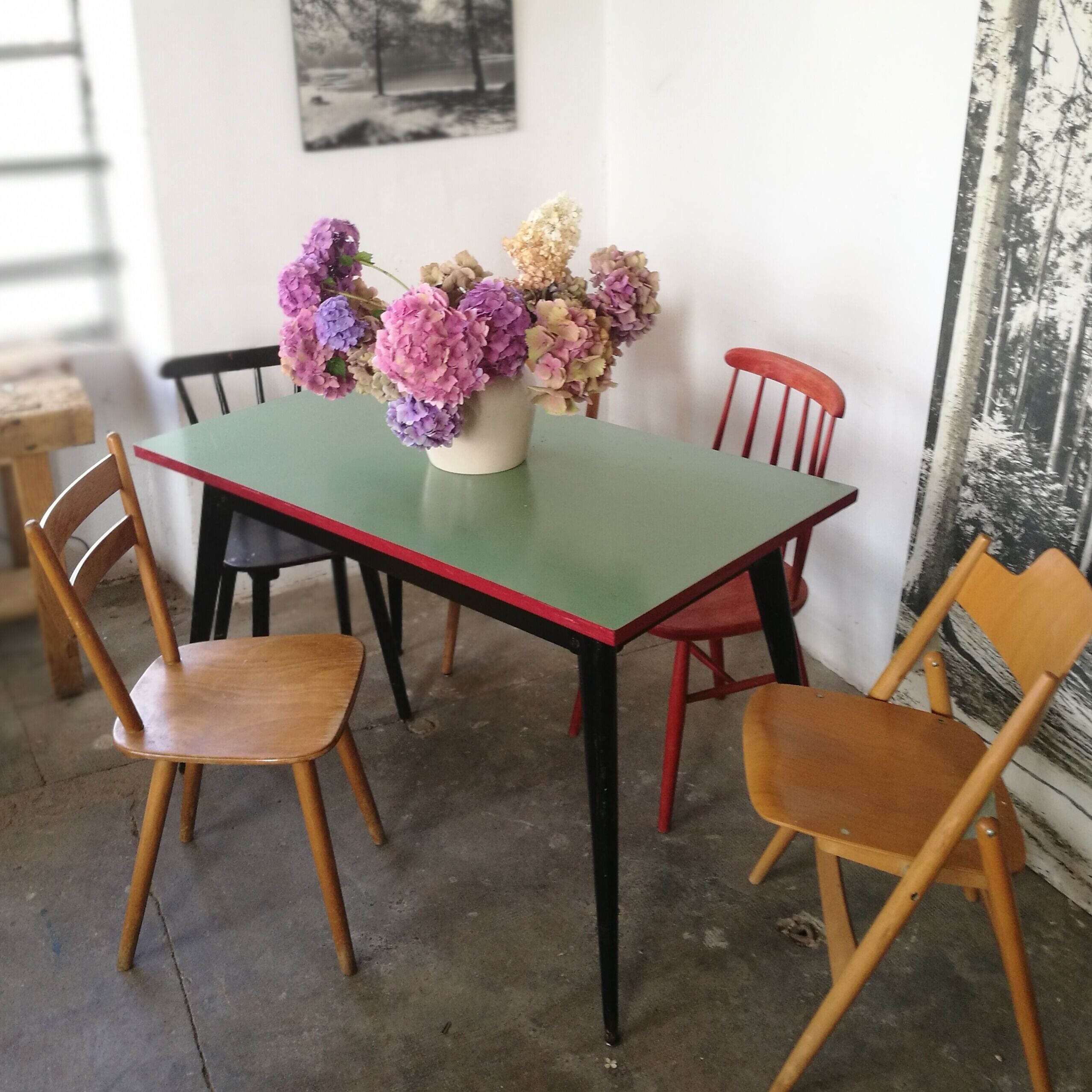 Tolix table, metal kitchen table, compass feet