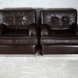 Pair of armchairs brown leather base stainless steel, France, circa 1970
