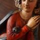 Painting, low relief in polychrome plaster, virgin mary, child jesus on wooden frame