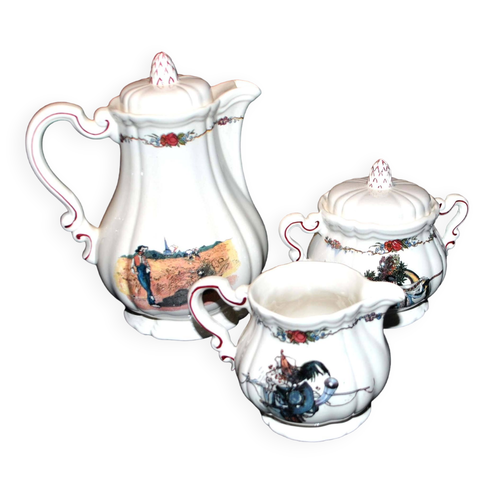 Obernai coffee service in sarreguemines earthenware coffee maker sugar bowl and milk