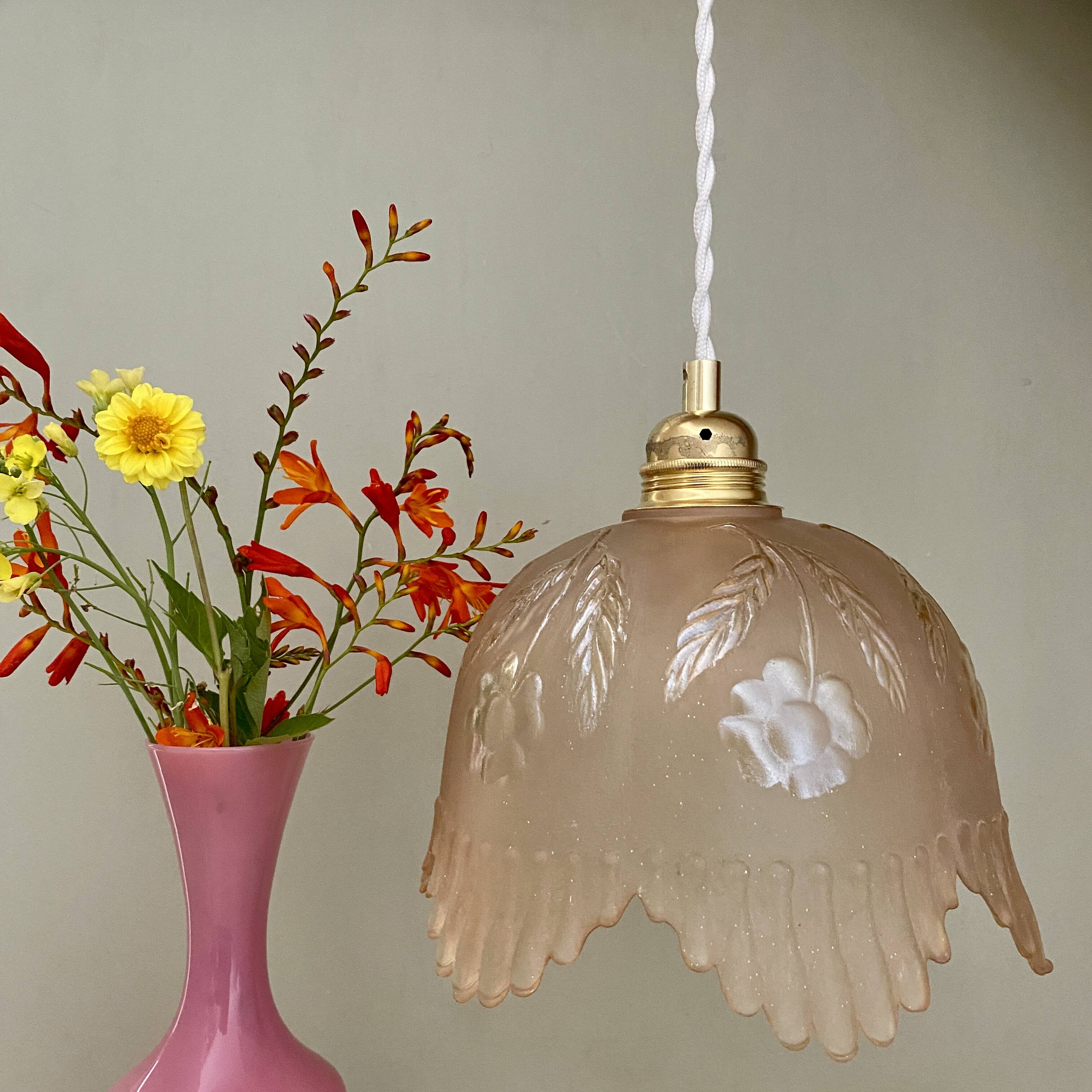 Vintage pink frosted glass lampshade pendant light