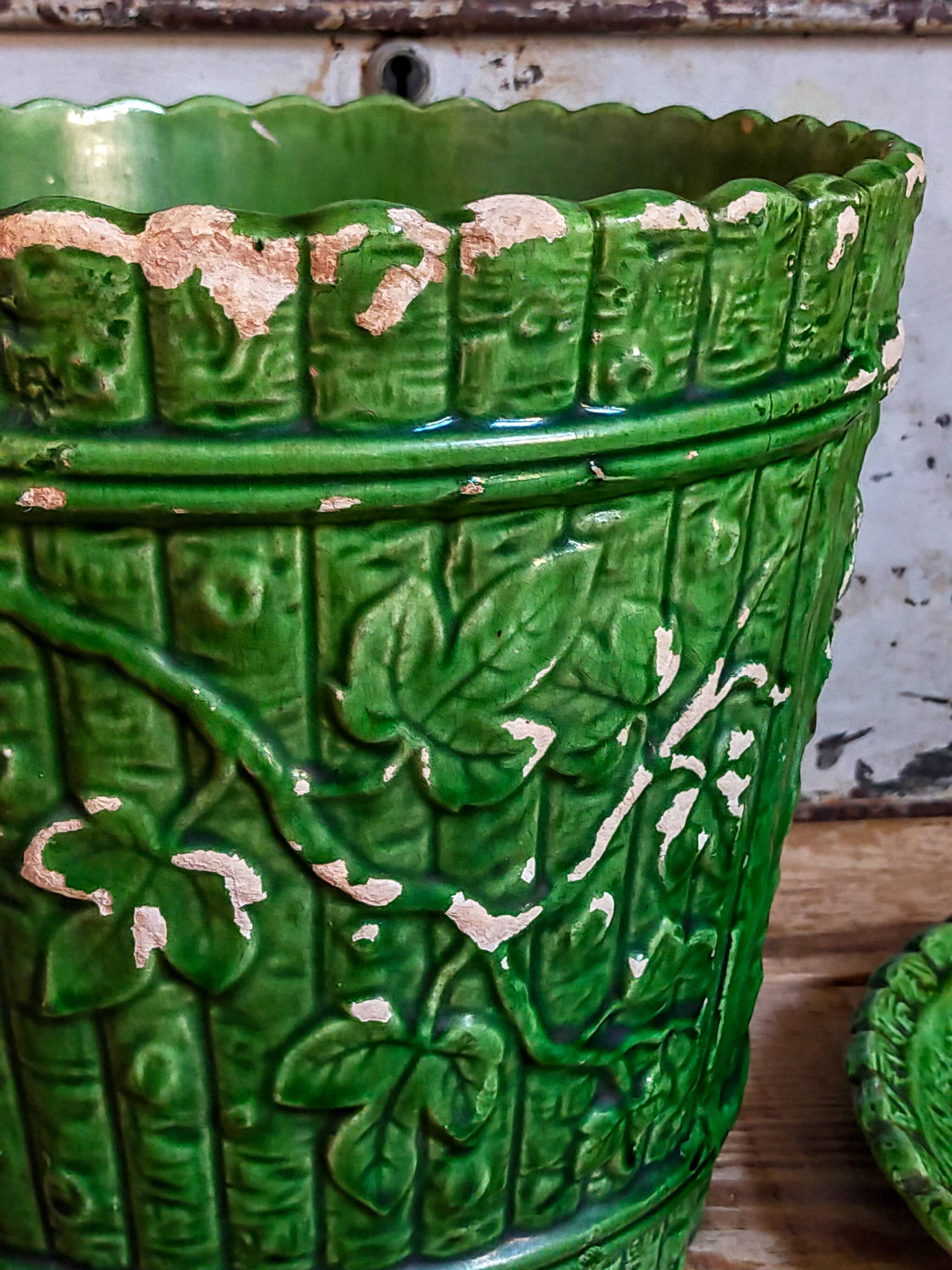 Flower pot and saucer in slip by G. De Bruyn 19th century