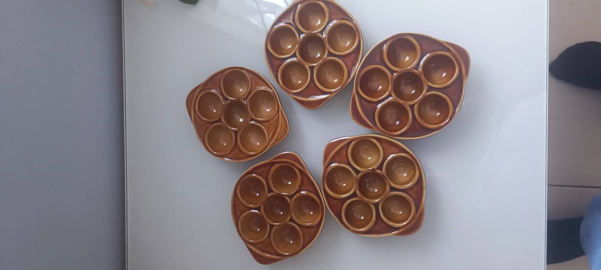 5 vintage glazed terracotta snail dishes