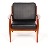 Armchair by Grete Jalk, France Son, cowhide leather and vintage teak from the 1960s