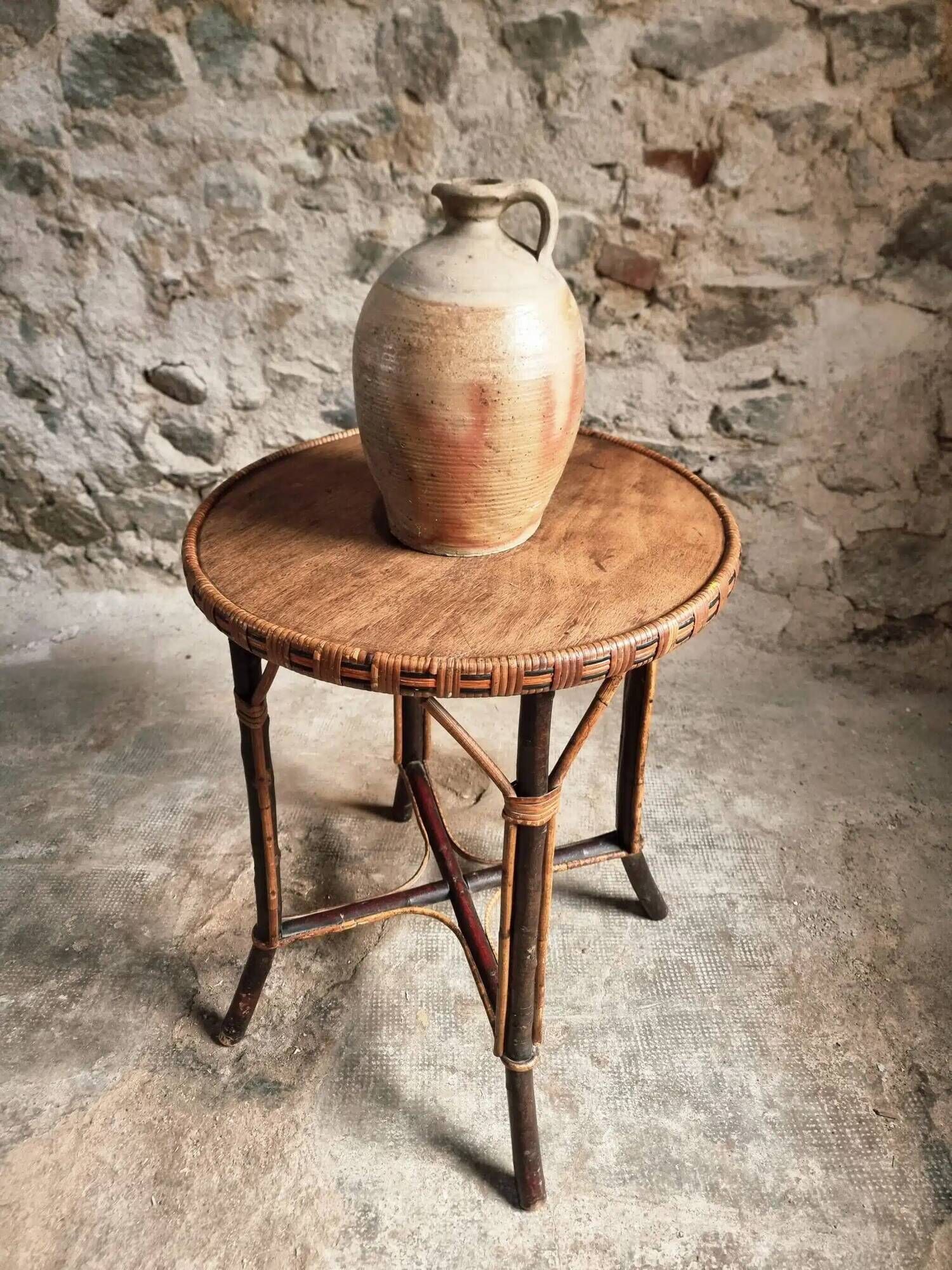 Vintage Round Bamboo and Wood Side Table | Mid-Century Bohemian Accent Table – 1950s/70s