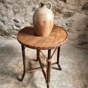 Vintage Round Bamboo and Wood Side Table | Mid-Century Bohemian Accent Table – 1950s/70s