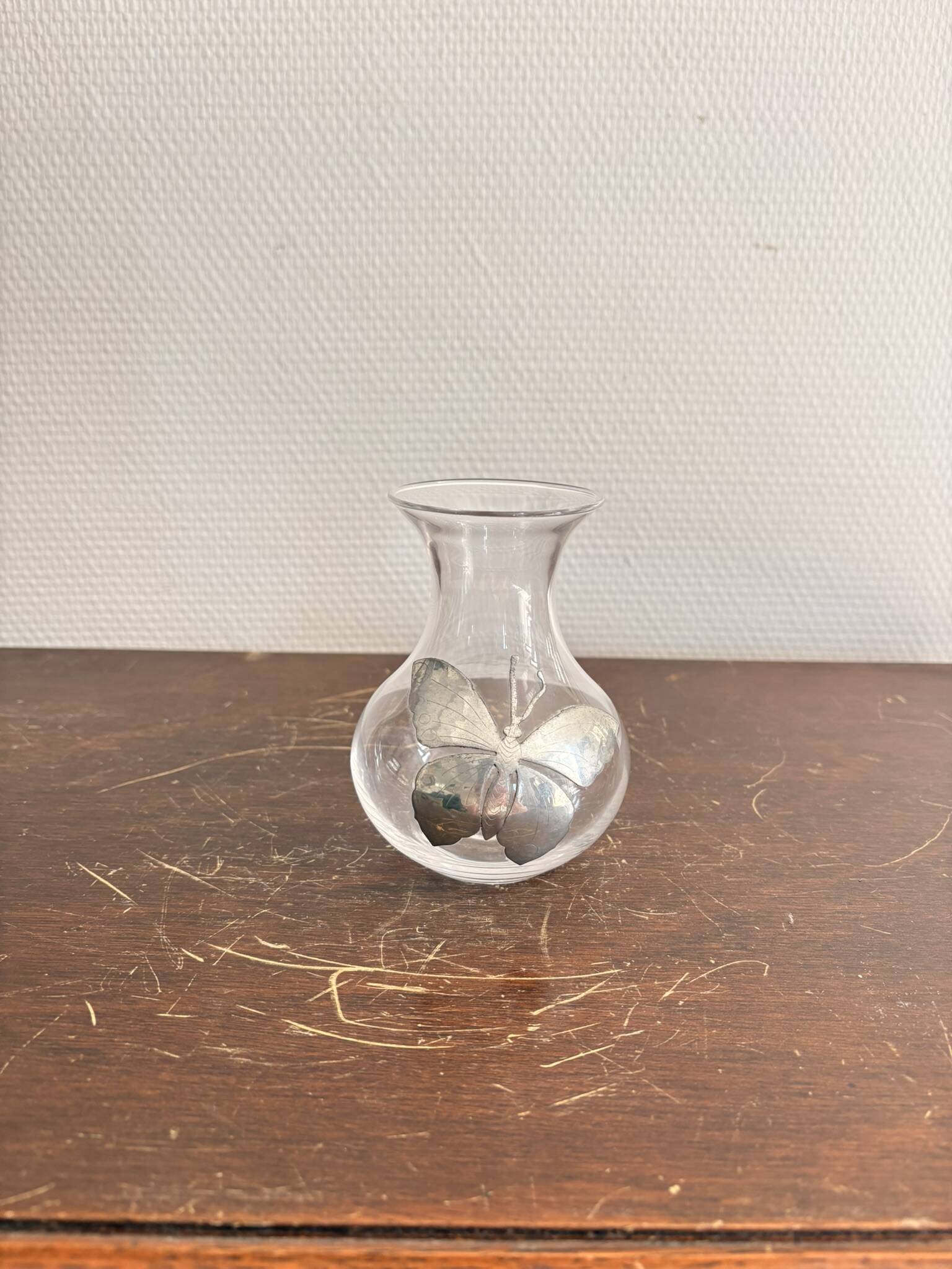 Art Nouveau Silver Butterfly Soliflore Vase Naturalistic Blown Glass