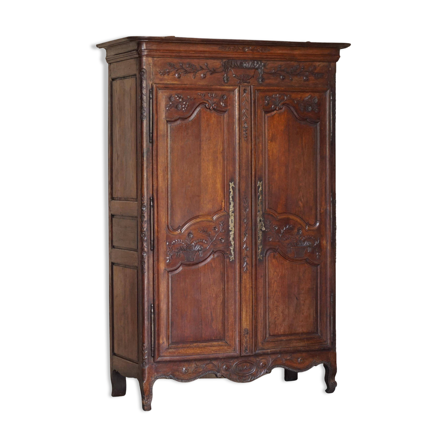 Antique Carved Wardrobe Dated 1844 with Shaped Panels
