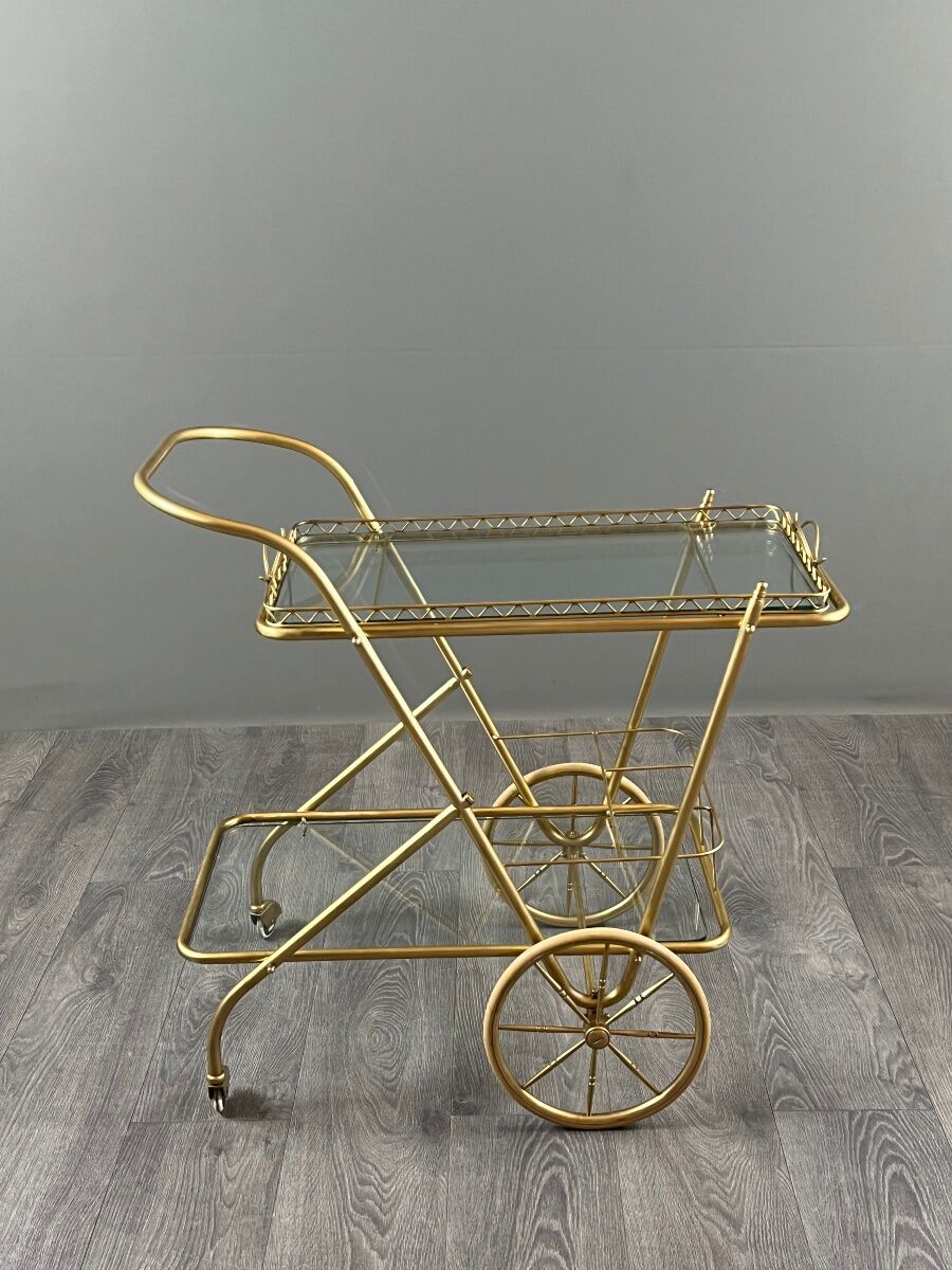 Rolling table cart in brass and glass, 20th century
