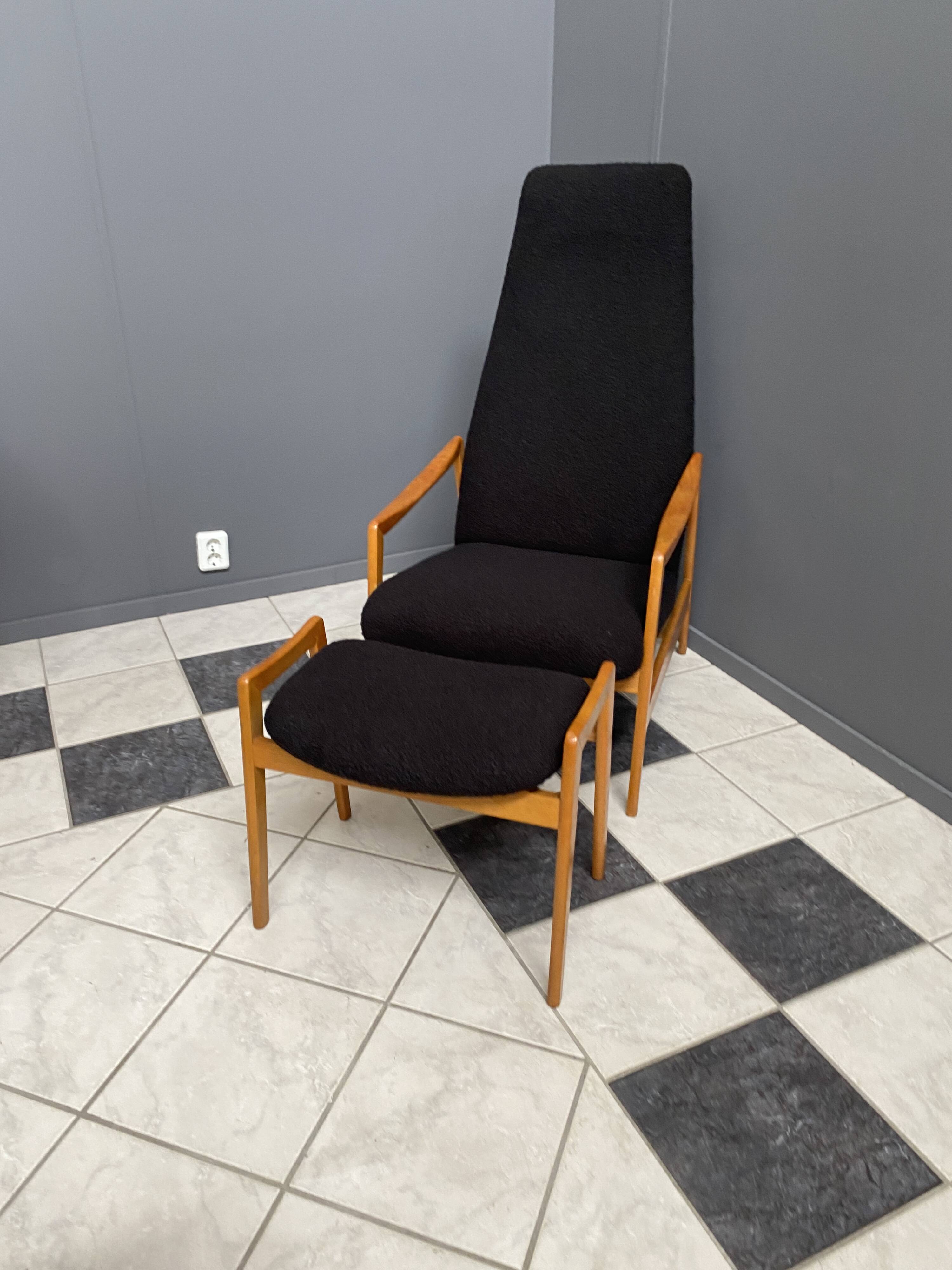 Highback chair with ottoman in black boucle