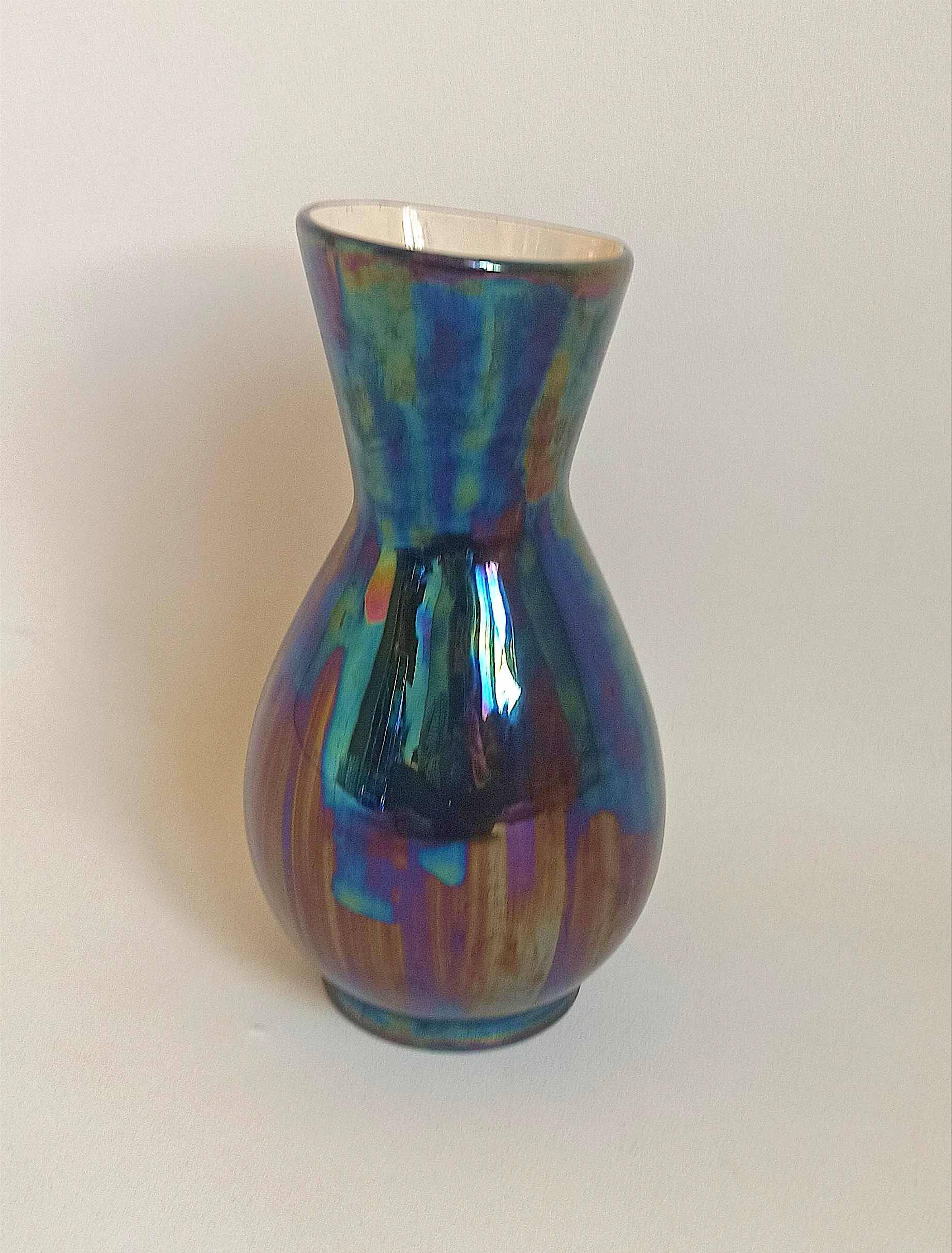 Verceram vase iridescent blue ceramic 60s Height 26,7 cm