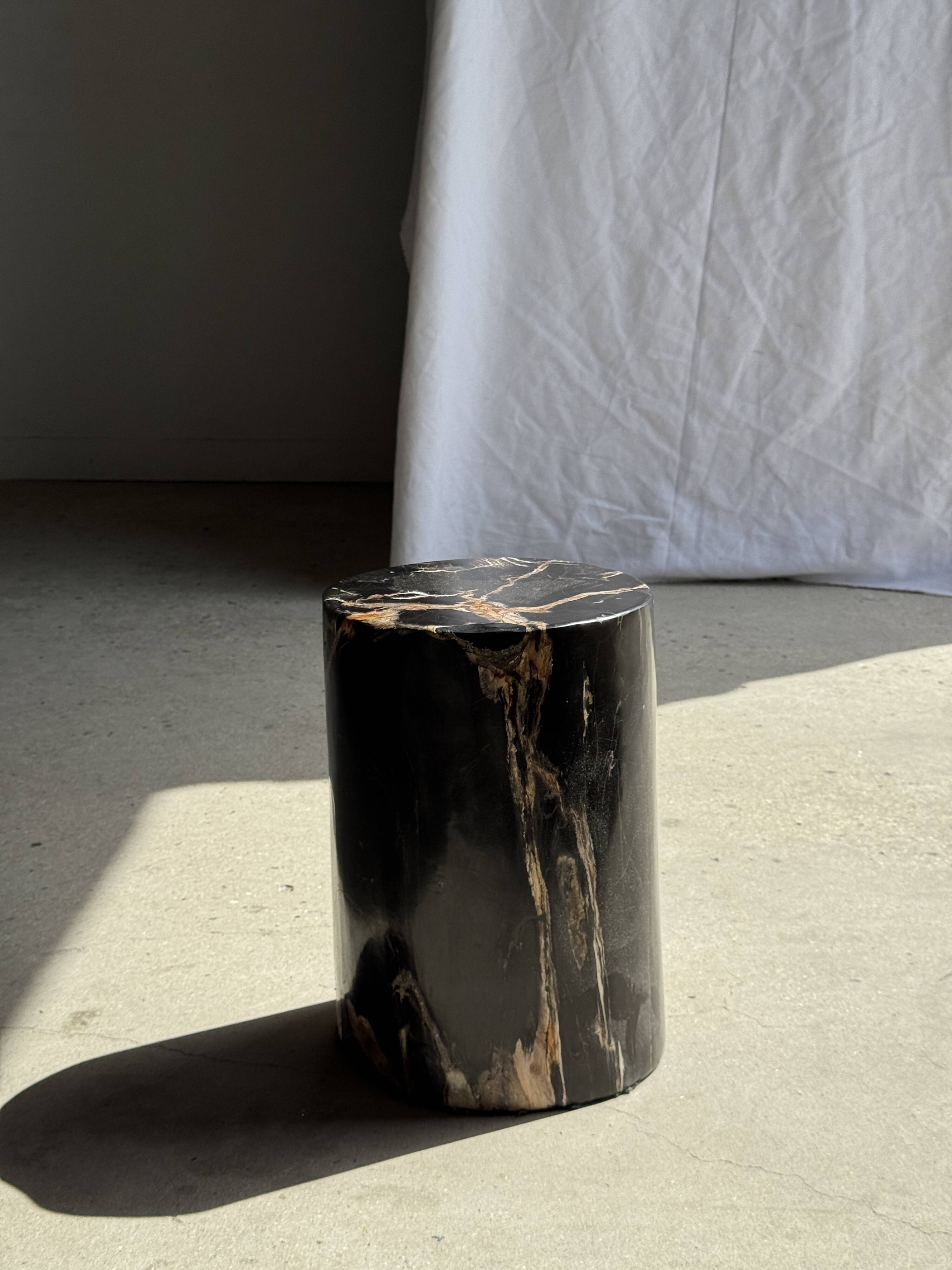 Black petrified wood side table with beige stripes, star pattern H35 D24.