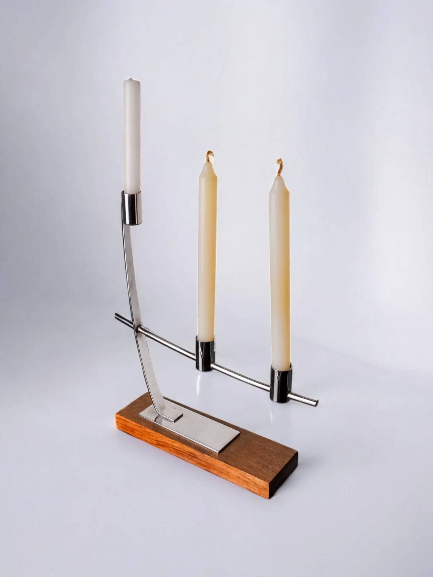 Candlestick in stainless steel and rosewood, 3 flames, Denmark, 1970