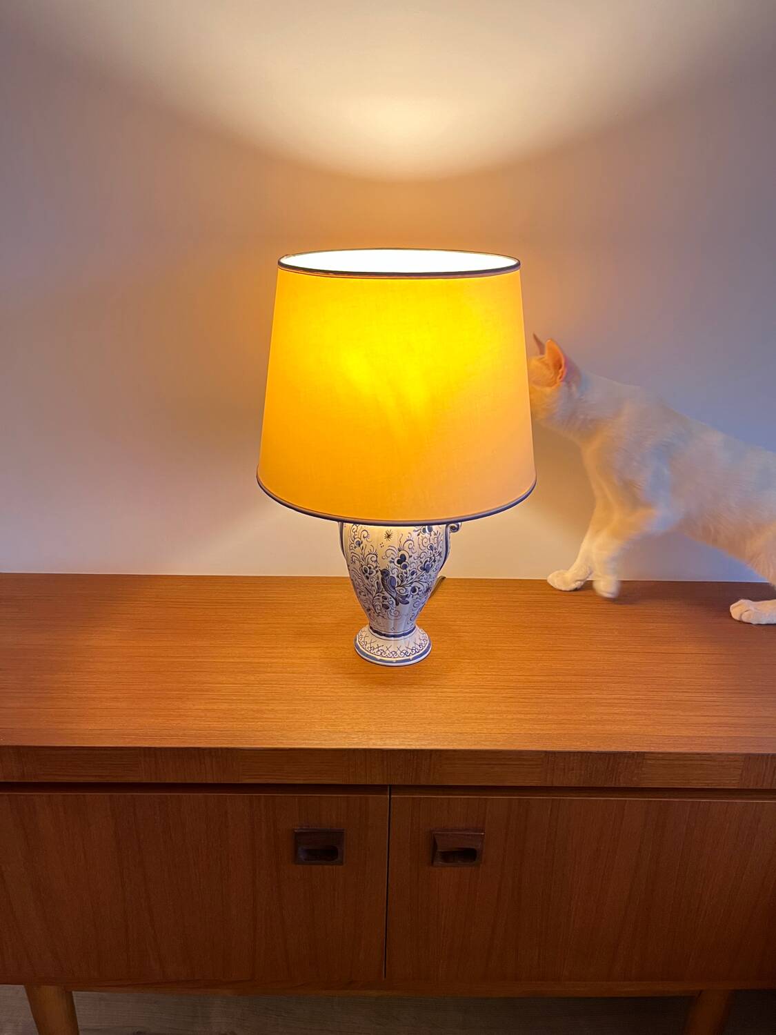 Lampe vintage faïence balustre portugal - décor oiseau bleu