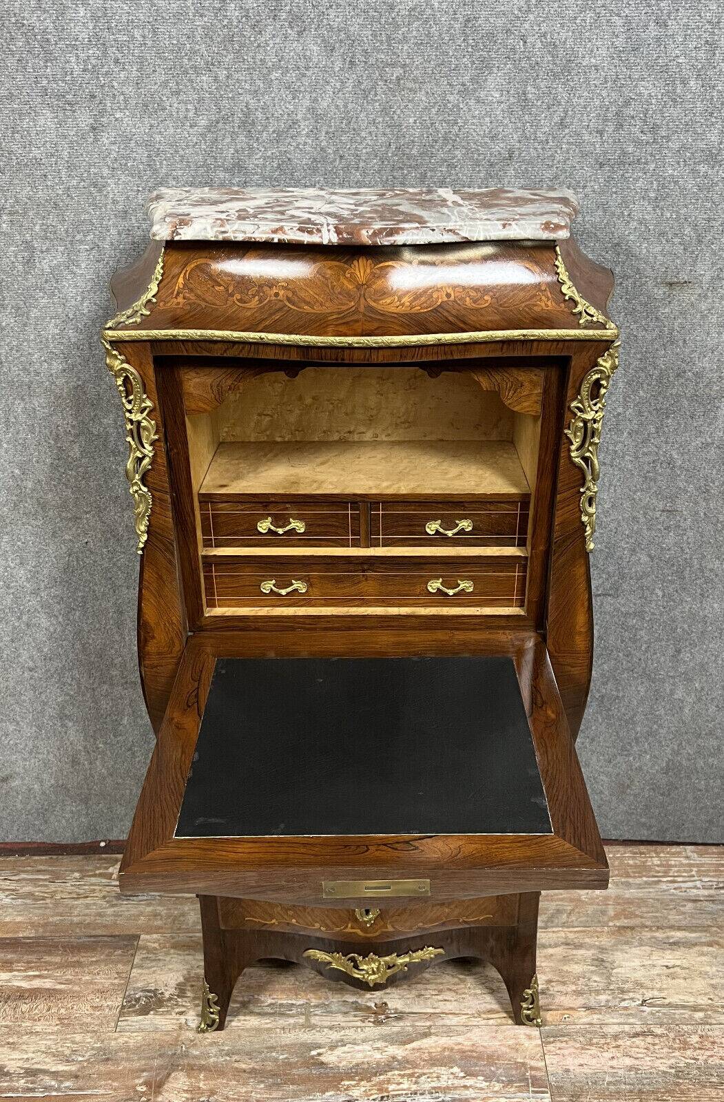 Secretary of Lady curved Louis XV style in precious wood marquetry circa 1850
