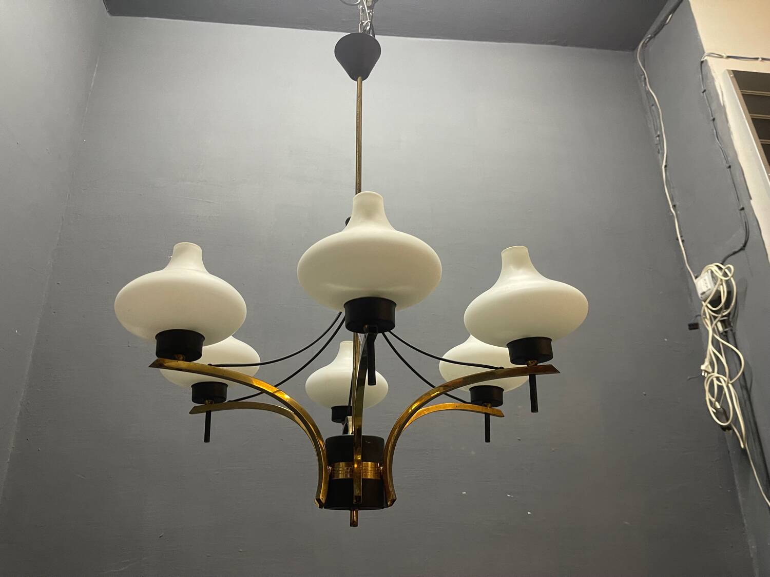 1950s Brass & Opaline Glass Six-Light Chandelier