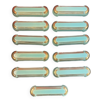 Porte couteaux art déco en faïence bleu turquoise et filet or 11,2 cm -lot de 11