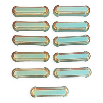 Art deco knife holder in turquoise blue earthenware and gold fillet 11.2 cm - set of 11