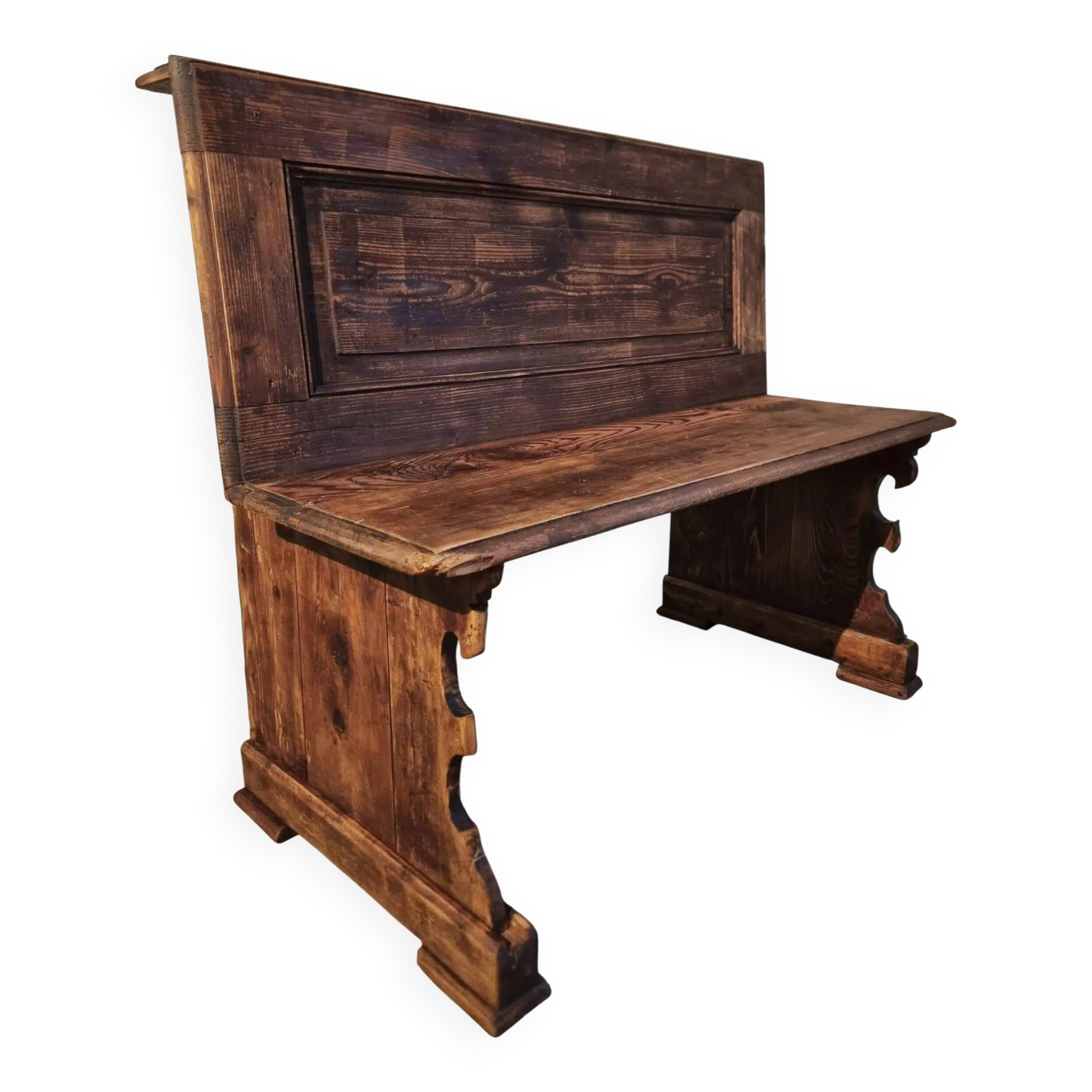 Antique French pine bench – circa 1920 – rustic church pew style