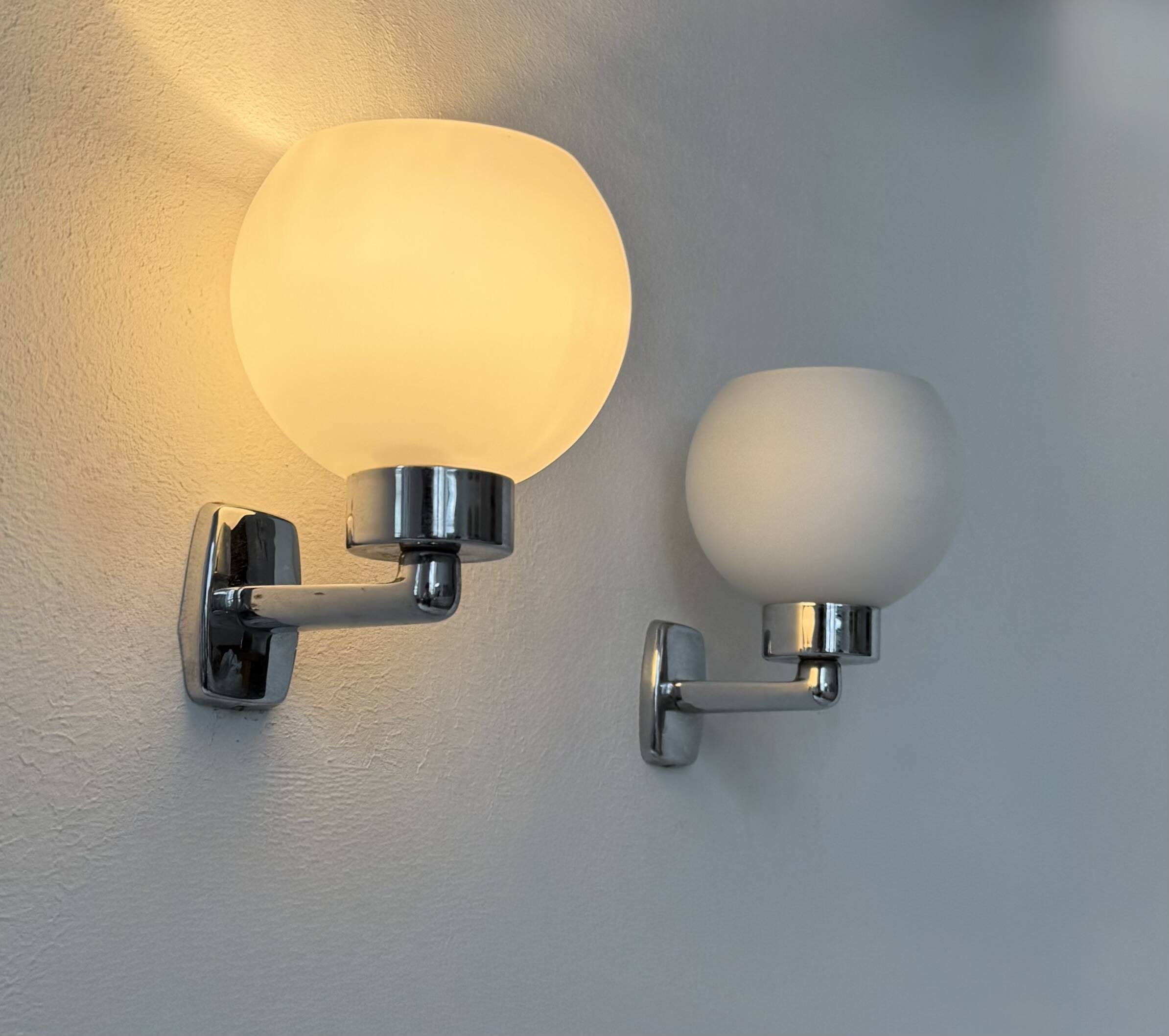 Pair of vintage wall lights, chrome and opaline glass, France, 1970
