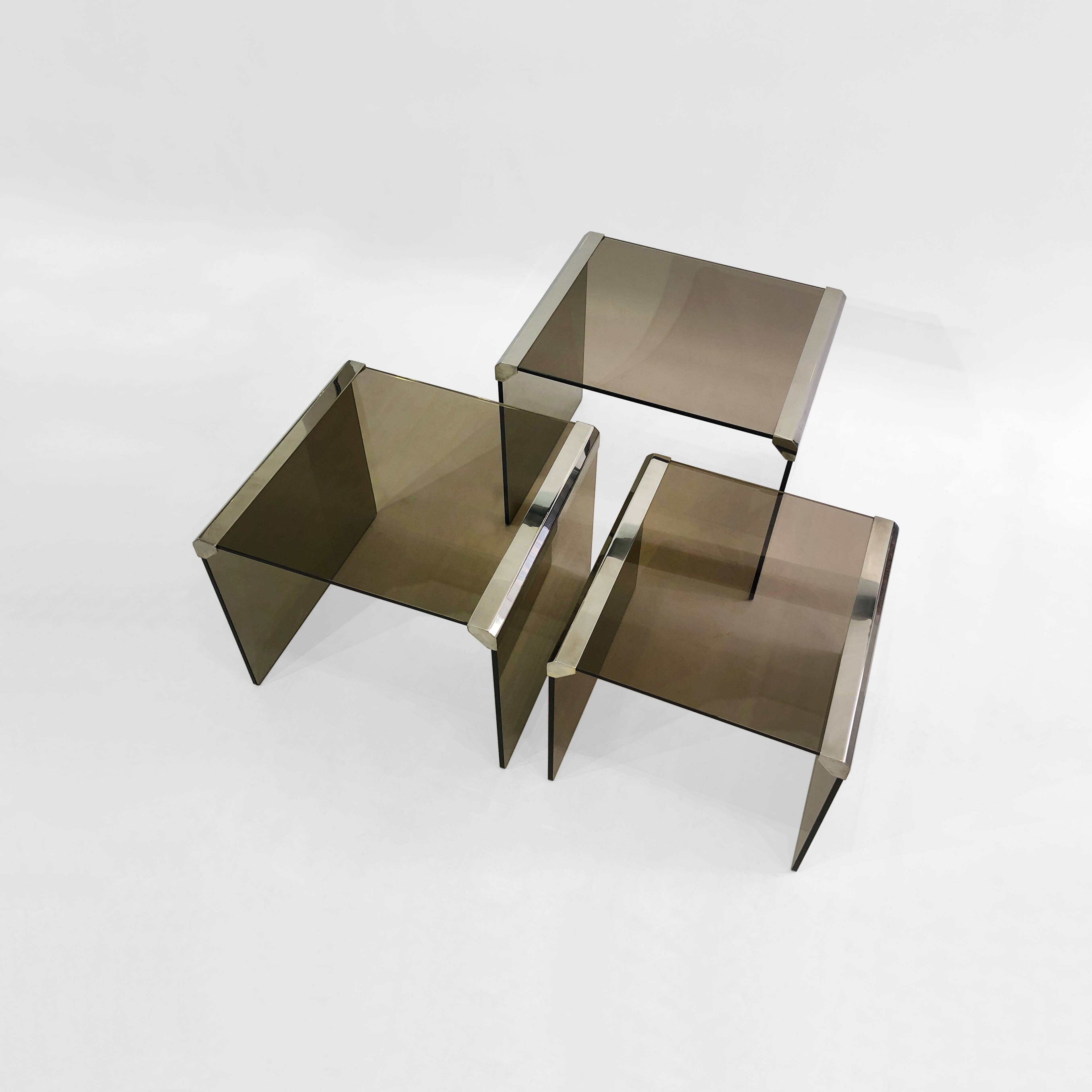 Gallotti & Radice ‘Tris’ T35 Smoked Glass Nest Side Tables Chrome